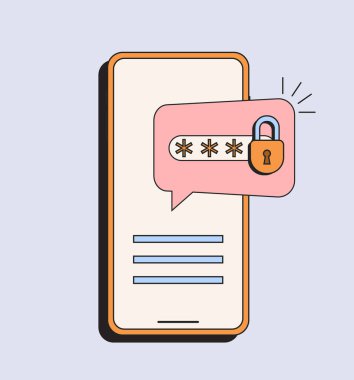 Şifreli telefon. Akıllı telefondan doğrulama kodu mesajı. Kilit ekranı için parola arayüzü ya da parola sayfalarını girin. Vektör illüstrasyon kavramı