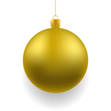 Beyaz arka planda sarı noel gerçekçi topu. Beyaz şablonda Xmas cam küresi. Tatil dekorasyon şablonu. Vektör illüstrasyonu