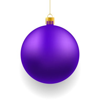 Beyaz arka planda mor noel gerçekçi balosu. Beyaz şablonda Xmas cam küresi. Tatil dekorasyon şablonu. Vektör illüstrasyonu