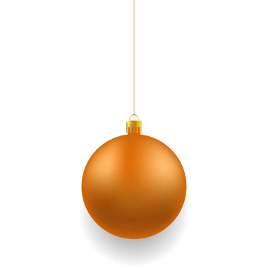 Beyaz arka planda turuncu Noel gerçekçi topu. Beyaz şablonda Xmas cam küresi. Tatil dekorasyon şablonu. Vektör illüstrasyonu
