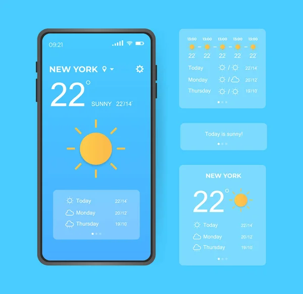 Předpověď Počasí App Widget Screen Application Prvky Realistický Smartphone Jiným — Stockový vektor