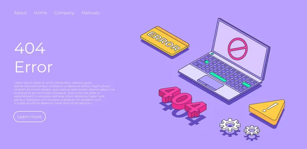 Concept of web page connection error. Landing page design with laptop, danger sign, web server, work gear and 404 text number. Trendy contemporary isometric vector illustration style