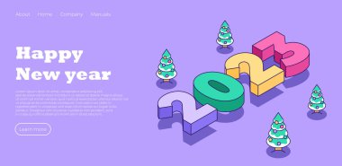 Mutlu yıllar 2023 iniş sayfası. Sevimli minimalist bir Noel ağacı. Pankart, broşür, kapak, sosyal medya, tasarım web sayfası için yaratıcı bir konsept. Vektör illüstrasyon kavramı