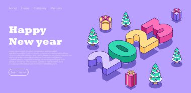 Mutlu yıllar 2023 iniş sayfası. Sevimli minimalist bir Noel ağacı. Pankart, broşür, kapak, sosyal medya, tasarım web sayfası için yaratıcı bir konsept. Vektör illüstrasyon kavramı