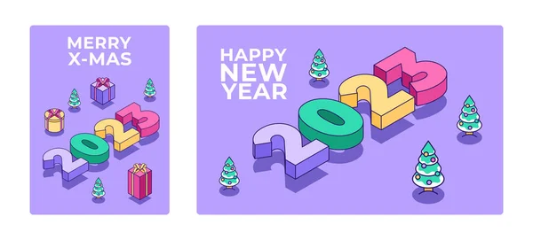 Mutlu Yıllar 2023 Posteri Noel Ağacı Şirin Minimalist Bir Hediye — Stok Vektör