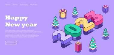 Mutlu yıllar 2023 iniş sayfası. Sevimli minimalist bir Noel ağacı. Pankart, broşür, kapak, sosyal medya, tasarım web sayfası için yaratıcı bir konsept. Vektör illüstrasyon kavramı