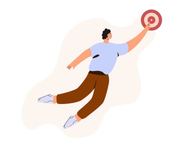 Adam hedefe uçuyor. Düz stil içinde sevimli, mutlu bir adam. Başarılar ve görev. Hedefler yapmak, başarılı iş stratejileri, pazarlama konsepti. Vektör illüstrasyon kavramı