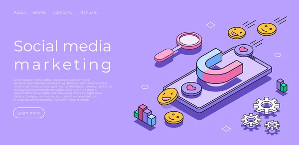 Sosyal medya pazarlama sayfası şablonu. Dijital pazarlama. Sosyal medya pazarlaması, promosyon ve reklam şirketi web sitesi tasarımı. Vektör izometrik illüstrasyon arkaplanı
