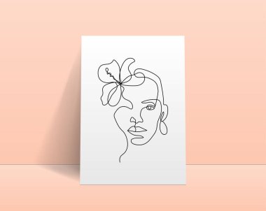 Modern soyut çizgi minimalist kadınlar duvar dekorasyonu, kartpostal veya broşür kapağı tasarımı için sanatla yüzleşirler. Gerçekçi gizleme şablonu. Kadın yüzü. Bir satır sanat eseri. Vektör çizimleri tasarımı