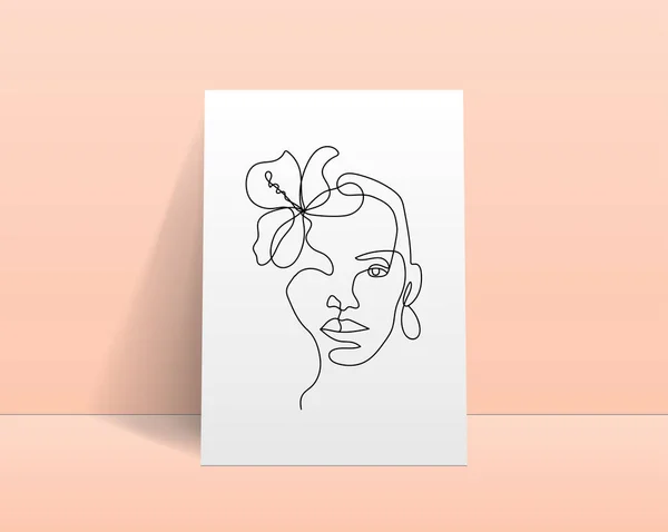 Modern soyut çizgi minimalist kadınlar duvar dekorasyonu, kartpostal veya broşür kapağı tasarımı için sanatla yüzleşirler. Gerçekçi gizleme şablonu. Kadın yüzü. Bir satır sanat eseri. Vektör çizimleri tasarımı