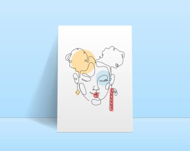 Yeni yıl kadını kutlamayla karşı karşıya. Modern soyut çizgi minimalist kadın sanat arkaplan kartpostalı ya da broşür kapağı tasarımıyla karşı karşıya. Kadın yüzü. Bir satır sanat eseri. Vektör çizimleri tasarımı