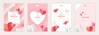 Sevgililer Günü konsept posterleri. Kâğıt kadar tatlı kalpler altın konfeti yayıyor. Kalpler geometrik arkaplanda. Tatil afişleri, web afişleri, el ilanları ve broşürler, tebrik kartları, grup kapakları