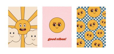 70 'lerin modası geçmiş posterleri, hippi elementli retro baskılar. Güneş ve bulut.