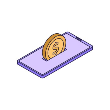 Aktarım illüstrasyonu. Cep telefonu ödemeleri kavramı. Elektronik ödeme için mobil bankacılık başvurusu. Web sitesi için modern izometrik vektör çizimi. Vektör illüstrasyon kavramı