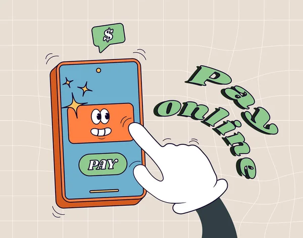 Pay by credit card via electronic wallet wirelessly on phone. Hand with smartphone online banking. nline shopping spending. Old cartoon style cute credit card
