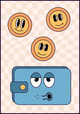 Wallet with coin in old cartoon style. Money saving. Money managemen concept. Vector illustration