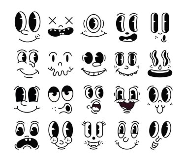 Retro 30s cartoon mascot characters funny faces. 50s, 60s old animation eyes and mouths elements. Vintage comic smile for logo vector set. Smiley caricatures with happy and cheerful emotions clipart