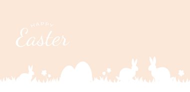 Happy Easter background. Trendy Easter design with typography, eggs, bunny ears, in pastel colors. Modern minimal style. Horizontal poster, greeting card, header for website clipart