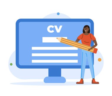 Woman look at cv young man. People search concept. Recruitment scene. Vector illustration with isolated people scene