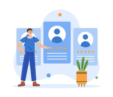 Man look at cv. People search concept. Recruitment scene. Vector illustration with isolated people scene