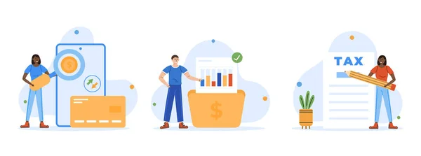 Financial Management Illustration Set Characters Investing Money Money Management Tax — Image vectorielle