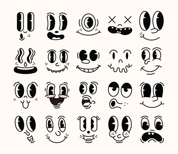 Mascotte Rétro 30S Personnages Dessins Animés Visages Drôles Ans Yeux — Image vectorielle