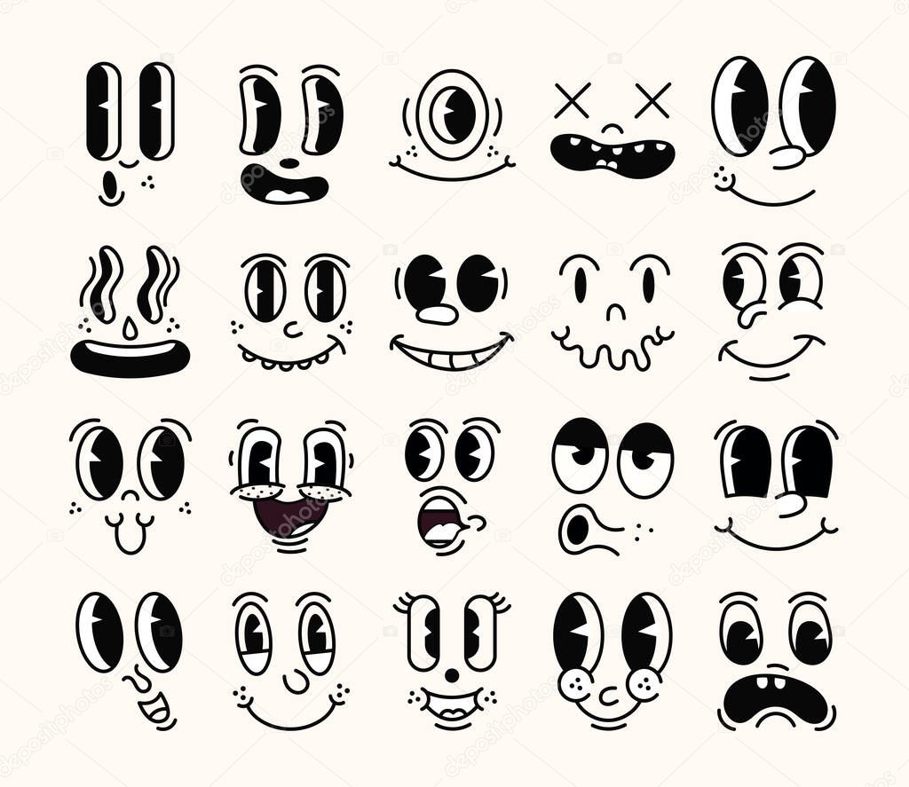 Retro 30s cartoon mascot characters funny faces. 50s, 60s old animation eyes and mouths elements. Vintage comic smile for logo vector set. Smiley caricatures with happy and cheerful emotions
