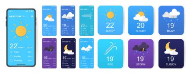 Mobil hava durumu uygulaması arayüzü tasarımı. Hava tahmini mobil uygulaması için GUI ögeleri. Gerçekçi telefon. Sıcaklık, hava durumu kullanıcı arayüzü jeneratörü. Ui ux araç takımı vektör illüstrasyonu