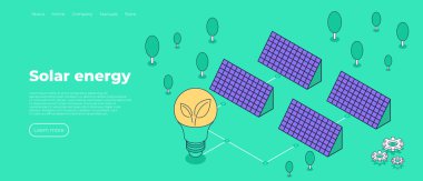 Güneş enerjisi izometrik sahne. Yeşil zemin üzerinde güneş paneli ve ağaç. Yeşil enerji. Ekoloji vektör illüstrasyonu.