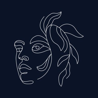 Modern soyut çizgi minimalist kadınlar siyah arkaplan kartpostalında veya broşür kapağında sanatla yüzleşirler. Kadın yüzü. Bir satır sanat eseri. Vektör çizimleri tasarımı