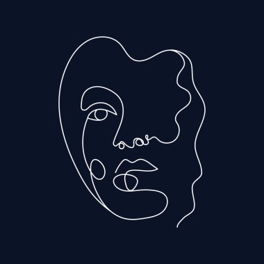 Modern soyut çizgi minimalist kadınlar siyah arkaplan kartpostalında veya broşür kapağında sanatla yüzleşirler. Kadın yüzü. Bir satır sanat eseri. Vektör çizimleri tasarımı