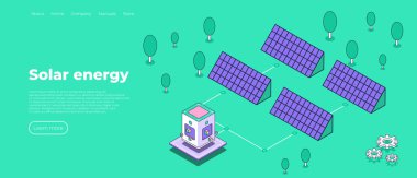 Güneş enerjisi izometrik sahne. Yeşil zemin üzerinde güneş paneli ve ağaç. Yeşil enerji. Ekoloji vektör illüstrasyonu.