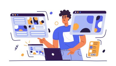 Bilgisayarlı içerik yöneticisi. Genç mutlu adam SMM stratejisini yönetiyor. CMS bilgi teknolojisi konsepti. Web sayfası yönetim aracı, çevrimiçi bilgi organizasyonu. Düz biçim vektör çizimleri