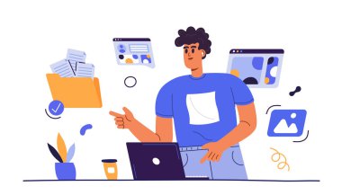 Dosya yönetimi konsepti. Arşiv, bilgi depolama. Dizüstü bilgisayarı olan popüler bir karakter. Vektör iş illüstrasyonu