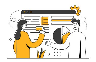 Veri analiz sahnesi. Son moda iş karakteri. Finansal yönetim illüstrasyonu. Kişisel finans yönetimi ve finansal okuryazarlık kavramı. Vektör illüstrasyon kavramı