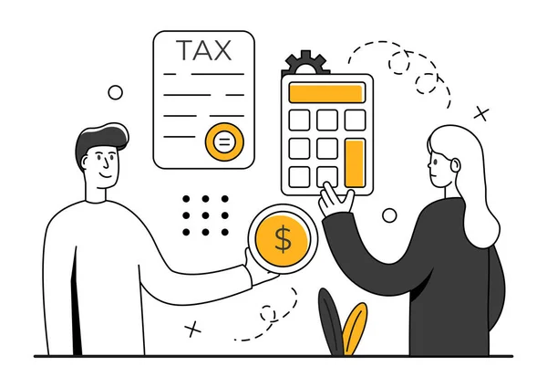 Ilustracja Deklaracji Podatkowej Postacie Przygotowujące Dokumenty Obliczenia Podatku Sporządzające Deklarację — Wektor stockowy