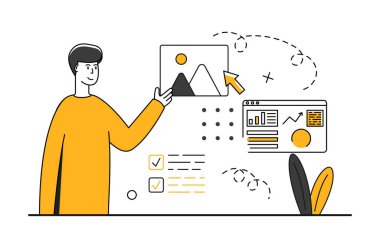 İçerik yöneticisi. İş pazarlama illüstrasyonları. Resim simgesi ve istatistik penceresi olan bir adam. Vektör illüstrasyonu