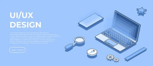 Isometrisches Design Zielseite Gestalten Sie Laptop Und Handy App Konzept — Stockvektor