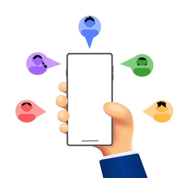 Consulte Conceito Amigo Mãos Segurando Telefone Com Avatar Diferente Marketing — Vetor de Stock