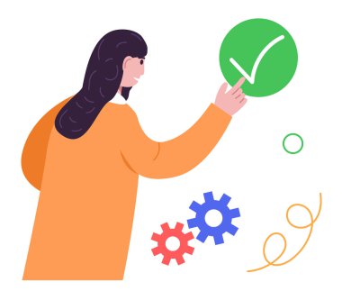 İkonlu kadın. Kontrol listesi konsepti. Moda karakteri. Vektör illüstrasyonu