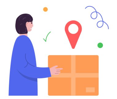 Teslimat konsepti. Kutulu ve noktalı ikonlu adam. Moda karakteri. Düz vektör çizimi beyaz arkaplanda izole edildi