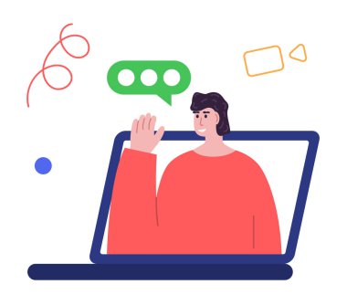 Video konferans konsepti. Dizüstü bilgisayardaki adam. Moda karakteri. Düz biçimli modern vektör illüstrasyonu.