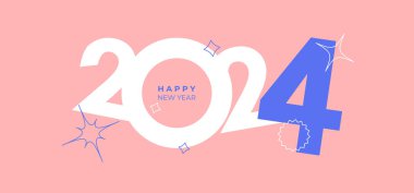 2024 'ün kapak tasarımı mutlu yıllar. Y2k tarzı tatil örtüsü. Renkli ve hatırlaması kolay. Mutlu yıllar 2024 tasarım geçmişi