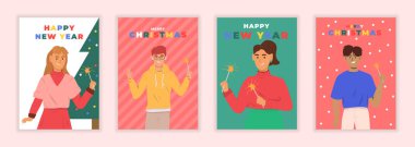 Karakterli yeni yıl posteri. Maytaplı insanlar. Mutlu insanlar. Geçmiş, tebrik kartı, parti davetiyesi, web sitesi afişi, sosyal medya afişi için tatil afişi konseptleri
