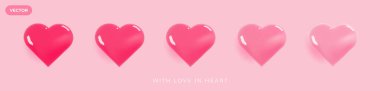 3D gerçekçi kırmızı kalp seti. Sevgililer Günü ve Anneler Günü süsü için uygun. Gerçekçi romantik emoji, kırmızı kalp ikonu. 3D kalp nakli. Vektör illüstrasyonu