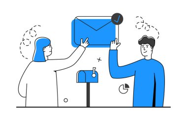 Müşteri destek departmanı personeli. Acil durum operatörü danışmanları. E-posta pazarlama kampanyası düz çizimler, çevrimiçi iş stratejisi, reklamcılık, e-posta bülteni, mesajlaşma, pazarlama kavramı