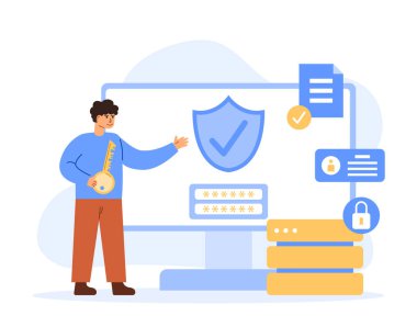 Siber güvenlik kavramı. Kişisel veri güvenliği, siber veri güvenliği çevrimiçi konsept illüstrasyon, internet güvenliği veya bilgi gizliliği. İniş sayfası için modern düz stil, web pankartı