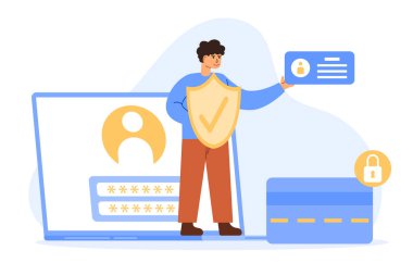 Kişisel veri güvenliği, siber veri güvenliği çevrimiçi konsept illüstrasyon, internet güvenliği veya bilgi gizliliği. Veritabanı, siber güvenlik, kontrol, koruma kredi kartı