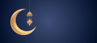 İslam temalı ürün veya kozmetik ürünler mavi arkaplanı gösteriyor. Altın ay. Ürünler için podyumu olan büyük indirimli poster afişi