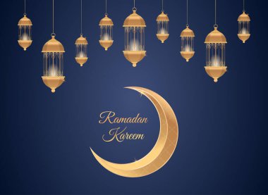 Ramazan Kareem İslami tebrik kartı arkaplan vektör illüstrasyonu. Altın ay ve lamba. 3D gerçekçi altın fenerli tasarım şablonu